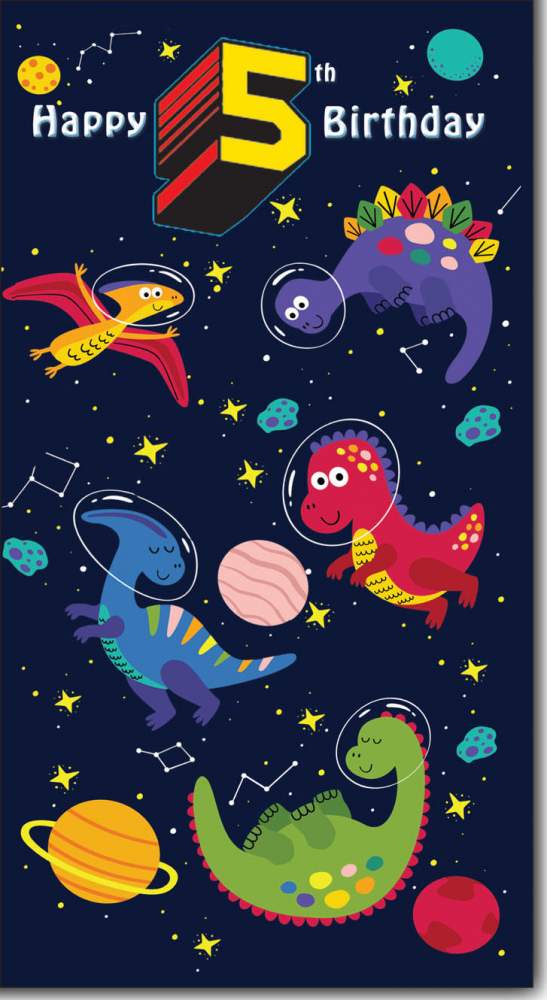 Happy 5th Birthday Greeting Card with Lovely Verse - Outer Space Dinosaur Astronauts, Planets & Stars - Wee Nippers by Cardigan Cards