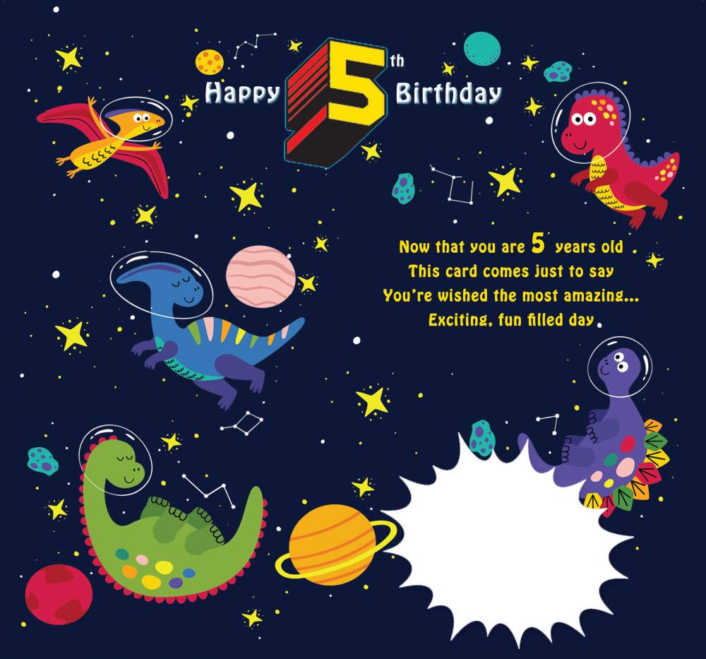 Happy 5th Birthday Greeting Card with Lovely Verse - Outer Space Dinosaur Astronauts, Planets & Stars - Wee Nippers by Cardigan Cards
