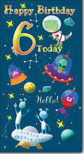 Happy Birthday 6 Today - 6th Greeting Card with Lovely Verse - Outer Space Dinosaur Astronauts, Aliens, UFO, Planets & Stars - Wee Nippers by Cardigan Cards