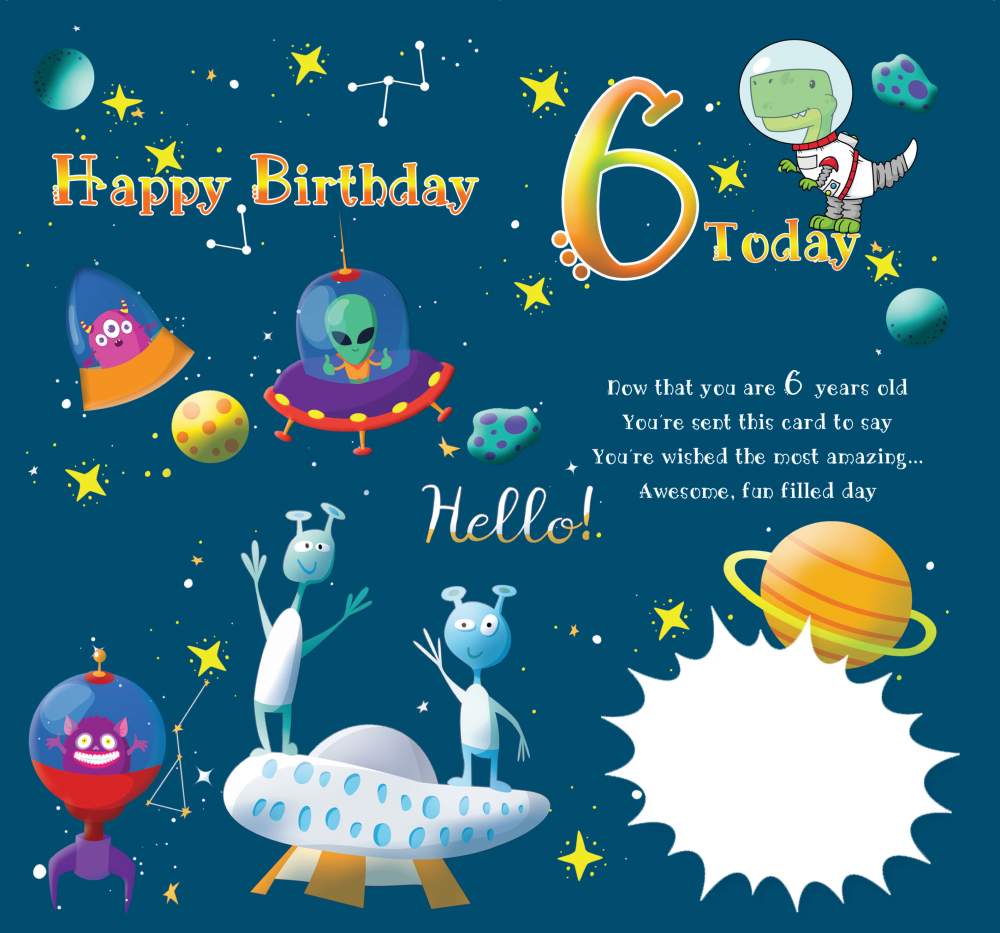 Happy Birthday 6 Today - 6th Greeting Card with Lovely Verse - Outer Space Dinosaur Astronauts, Aliens, UFO, Planets & Stars - Wee Nippers by Cardigan Cards