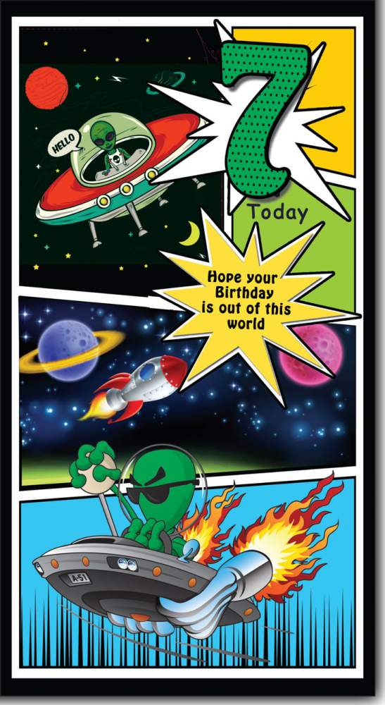 7 Today - Happy 7th Birthday Greeting Card with Lovely Verse - Outer Space, Aliens, UFO, Rocket, Comic Art - Wee Nippers by Cardigan Cards