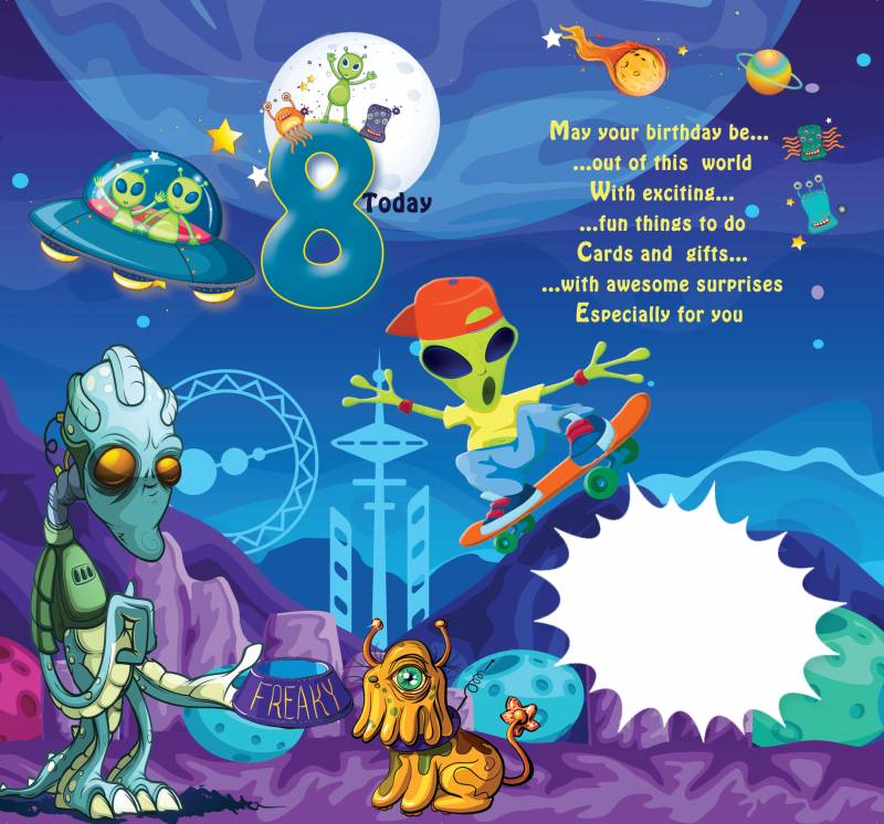 8 Today - Happy 8th Birthday Greeting Card with Lovely Verse - Outer Space, Aliens, UFO, Skateboard, Comic Art - Wee Nippers by Cardigan Cards