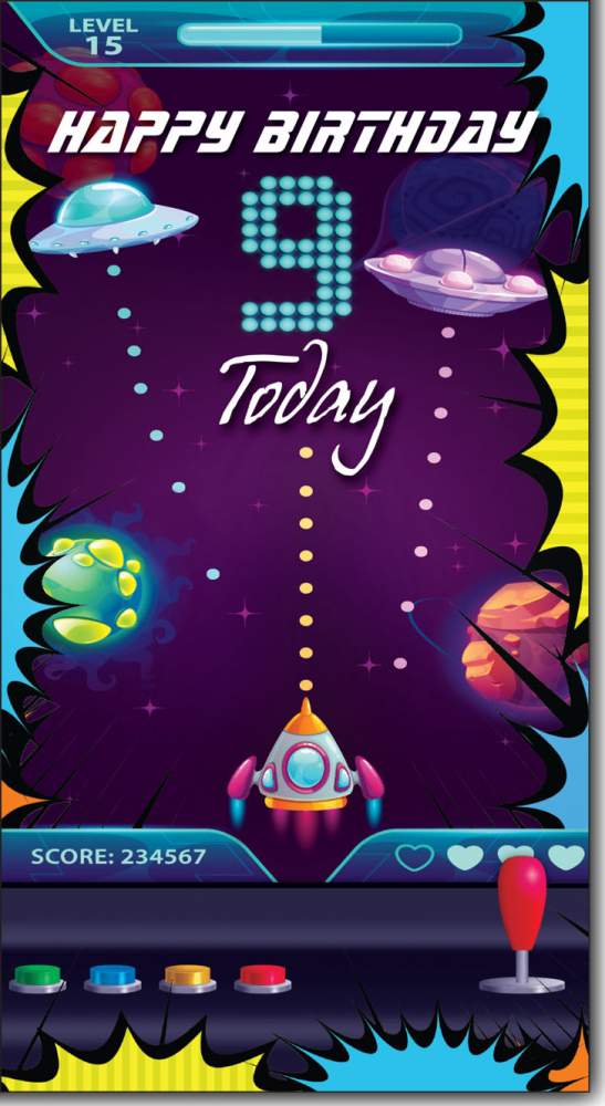 Happy Birthday 9 Today - Greeting Card with Lovely Verse - Arcade Game, Space, Aliens, UFO, Rocket, Comic Art - Wee Nippers by Cardigan Cards