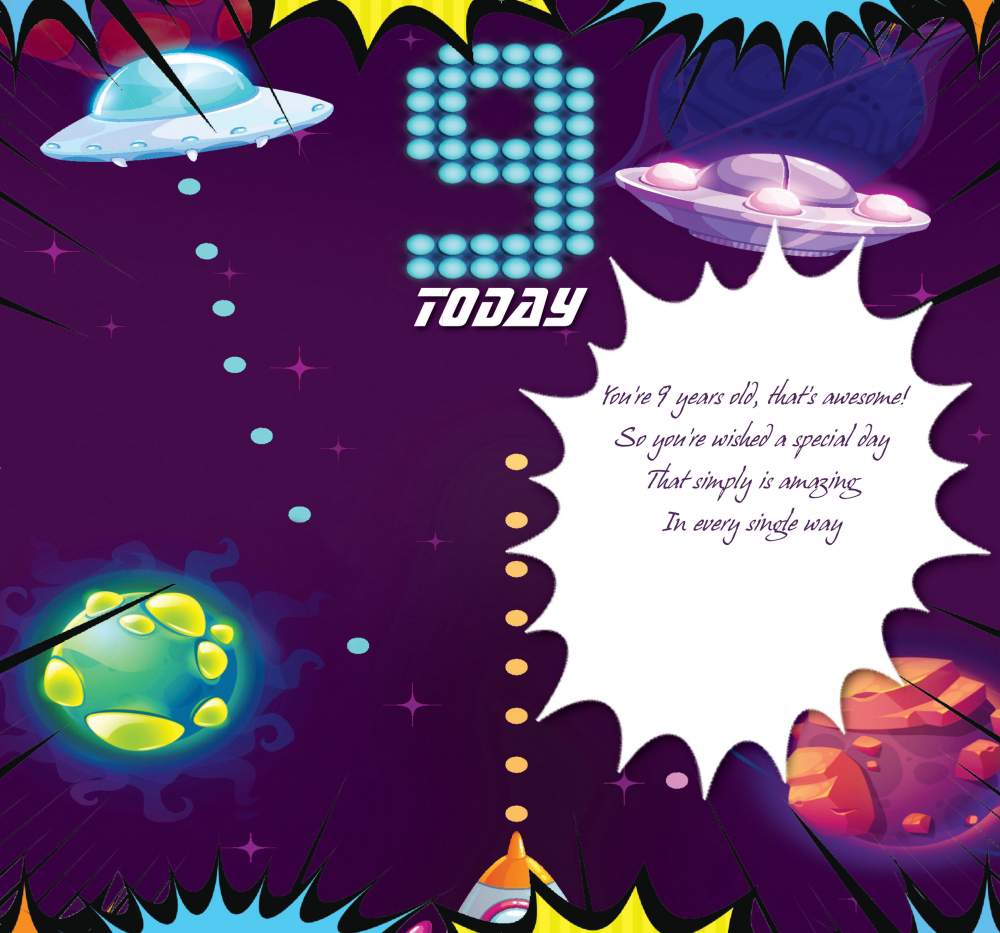 Happy Birthday 9 Today - Greeting Card with Lovely Verse - Arcade Game, Space, Aliens, UFO, Rocket, Comic Art - Wee Nippers by Cardigan Cards