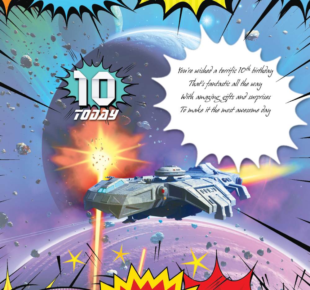 Happy Birthday 10 Today - Greeting Card with Lovely Verse - Spaceship, Galaxy, Game Comic Art - Wee Nippers by Cardigan Cards