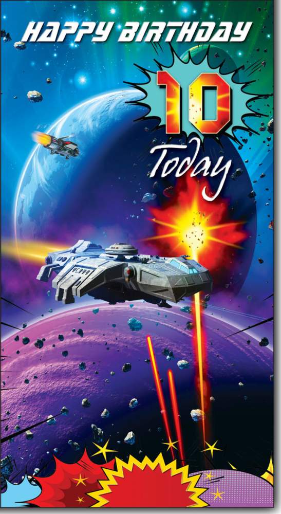 Happy Birthday 10 Today - Greeting Card with Lovely Verse - Spaceship, Galaxy, Game Comic Art - Wee Nippers by Cardigan Cards