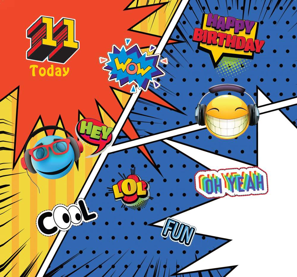 Happy Birthday 11 Today - Greeting Card with Lovely Verse - Emoji, WOW, LOL, FUN Comic Art - Wee Nippers by Cardigan Cards