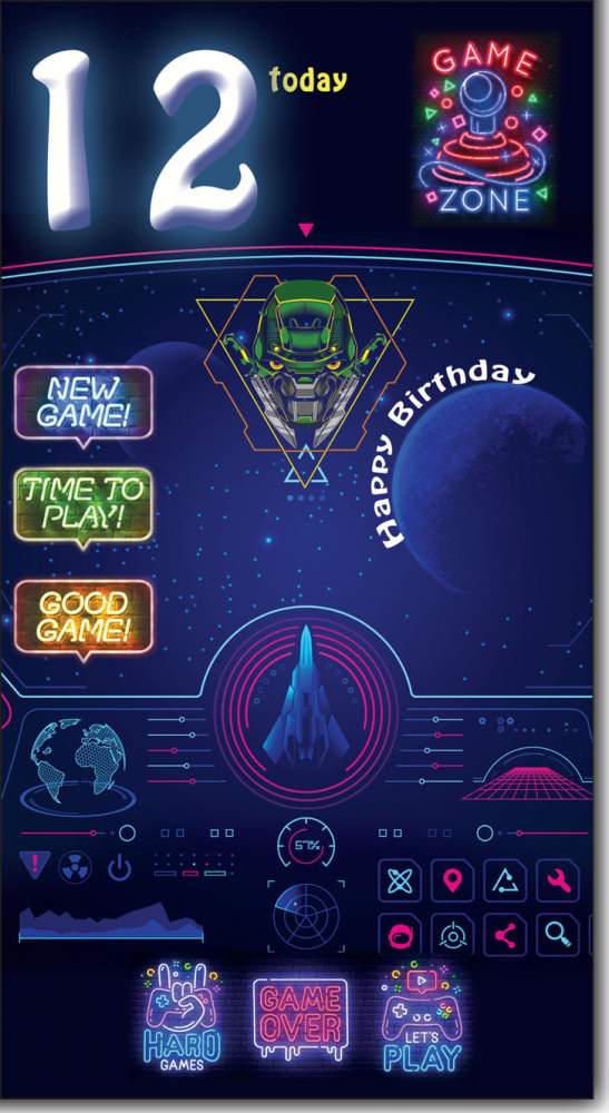 12 Today Happy Birthday - Greeting Card with Lovely Verse - Arcade Game, Space, Aliens, Retro Art - Wee Nippers by Cardigan Cards