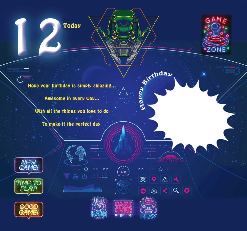 12 Today Happy Birthday - Greeting Card with Lovely Verse - Arcade Game, Space, Aliens, Retro Art - Wee Nippers by Cardigan Cards