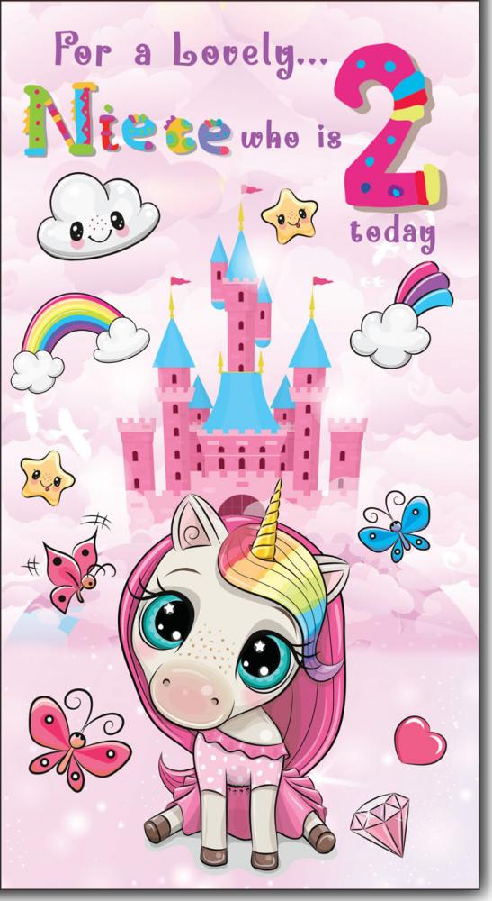 For a Lovely Niece who is 2 Today - Happy Birthday Greeting Card with Lovely Verse - Unicorn, Butterflies, Rainbow & Castle - Wee Nippers by Cardigan Cards