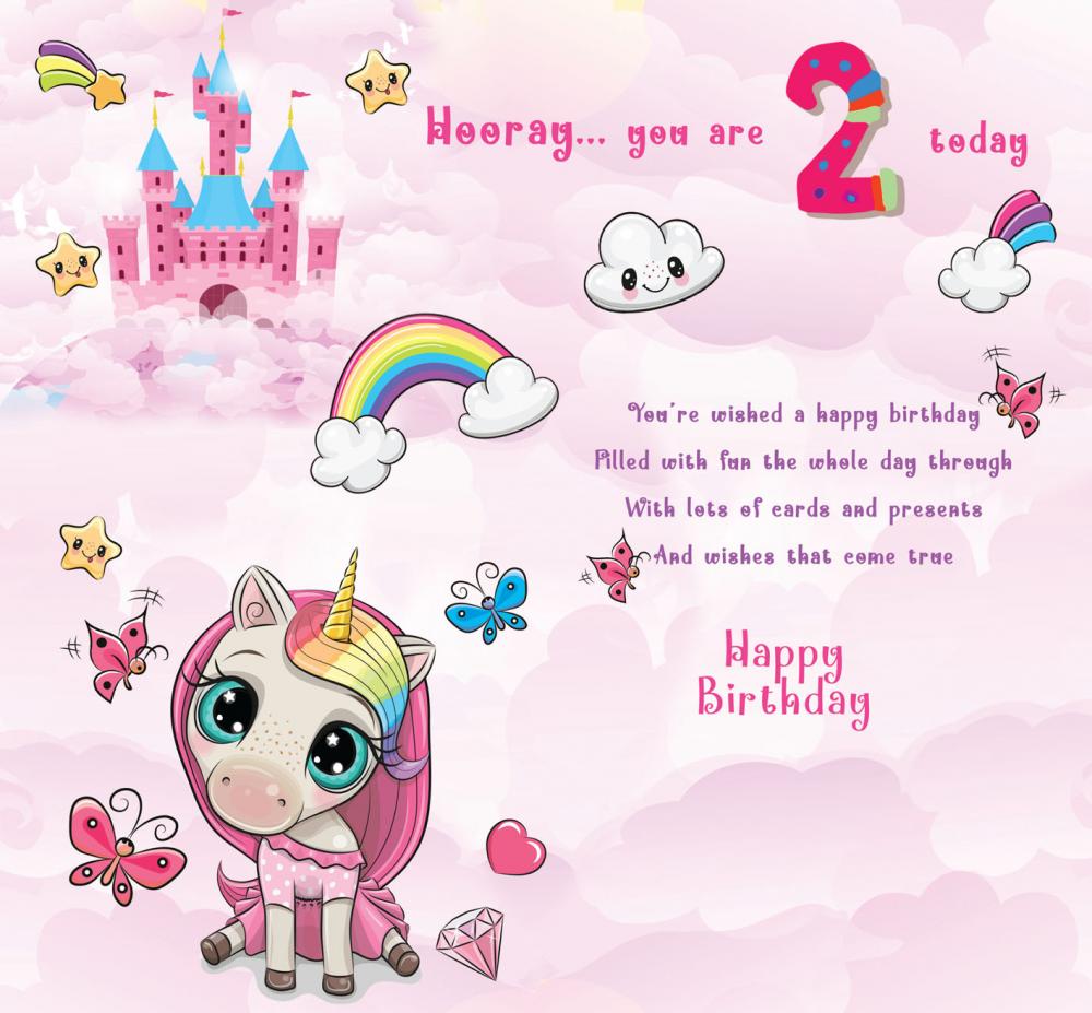 For a Lovely Niece who is 2 Today - Happy Birthday Greeting Card with Lovely Verse - Unicorn, Butterflies, Rainbow & Castle - Wee Nippers by Cardigan Cards