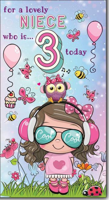 For A Lovely Niece Who is 3 Today - Happy Birthday Cool Little Girl Greeting Card with Lovely Verse - Fun, Music, Headphones, Owl, Butterflies, Balloons & Cupcake - Wee Nippers by Cardigan Cards