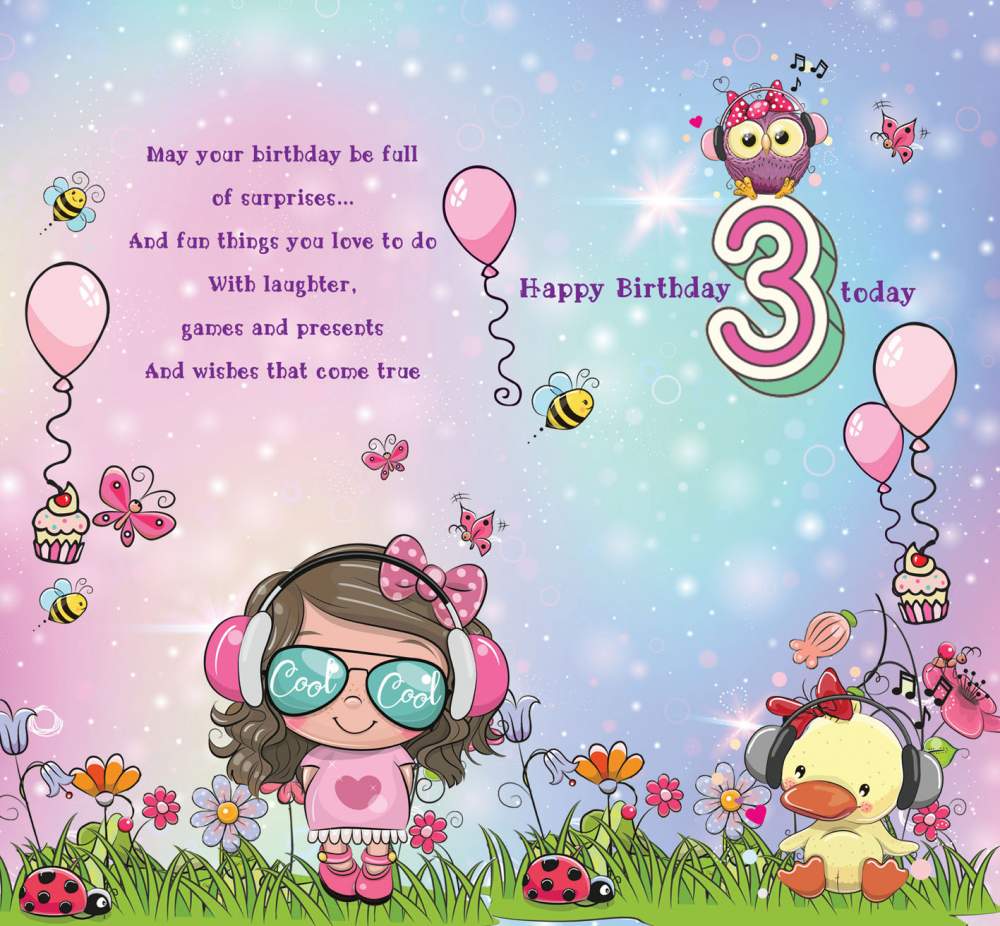 For A Lovely Niece Who is 3 Today - Happy Birthday Cool Little Girl Greeting Card with Lovely Verse - Fun, Music, Headphones, Owl, Butterflies, Balloons & Cupcake - Wee Nippers by Cardigan Cards