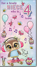 For a Lovely Niece who is 4 Today - Happy Birthday Greeting Card with Lovely Verse - Skateboard Owl, Music, Cupcake & Balloons - Wee Nippers by Cardigan Cards