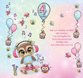 For a Lovely Niece who is 4 Today - Happy Birthday Greeting Card with Lovely Verse - Skateboard Owl, Music, Cupcake & Balloons - Wee Nippers by Cardigan Cards