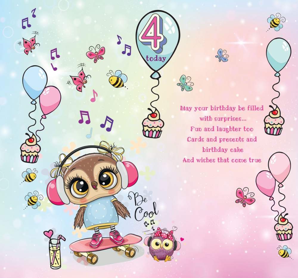 For a Lovely Niece who is 4 Today - Happy Birthday Greeting Card with Lovely Verse - Skateboard Owl, Music, Cupcake & Balloons - Wee Nippers by Cardigan Cards