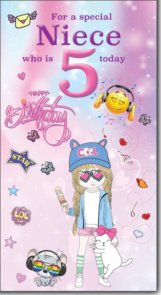 For a Special Niece who is 5 Today - Happy Birthday Greeting Card with Lovely Verse - Cool Girl, Kitten, Ice cream & Emojis - Wee Nippers by Cardigan Cards