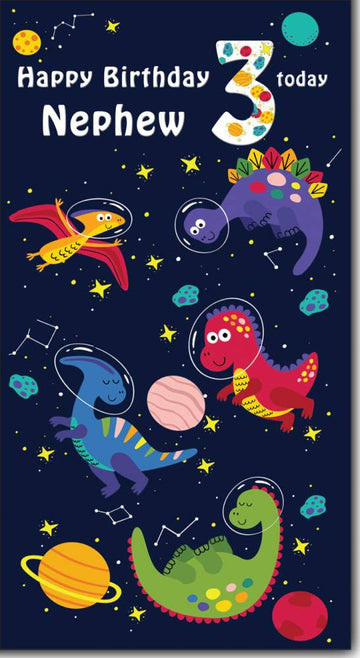 Happy Birthday Nephew 3 Today - Greeting Card with Lovely Verse - Outer Space Dinosaur Astronauts, Planets & Stars - Wee Nippers by Cardigan Cards