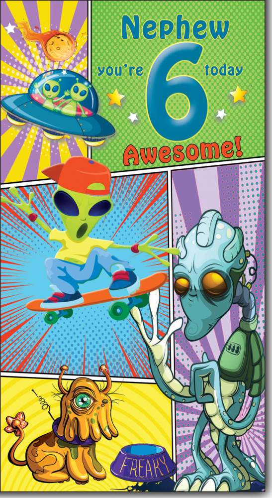 Nephew 6 Today - Happy Birthday Awesome 6th Greeting Card with Lovely Verse - Outer Space, Aliens, UFO, Skateboard, Comic Art - Wee Nippers by Cardigan Cards