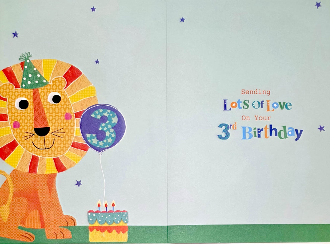 To A Special Son 3 Today Lion Balloon & Cake 3rd Happy Birthday Card