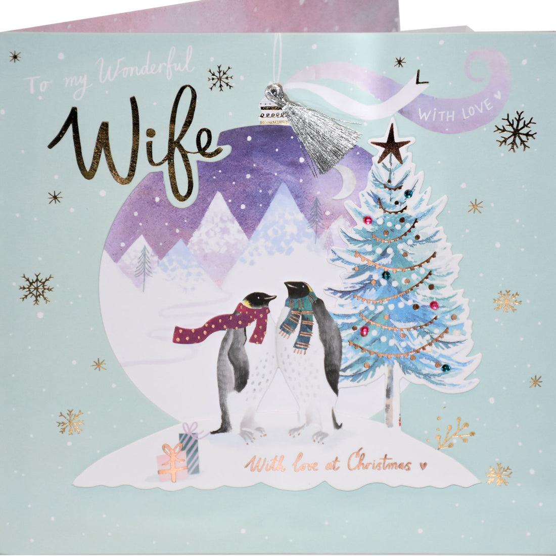 To My Wonderful Wife with Love at Christmas Penguins 3D Luxury Large Square Ling Design Christmas Card