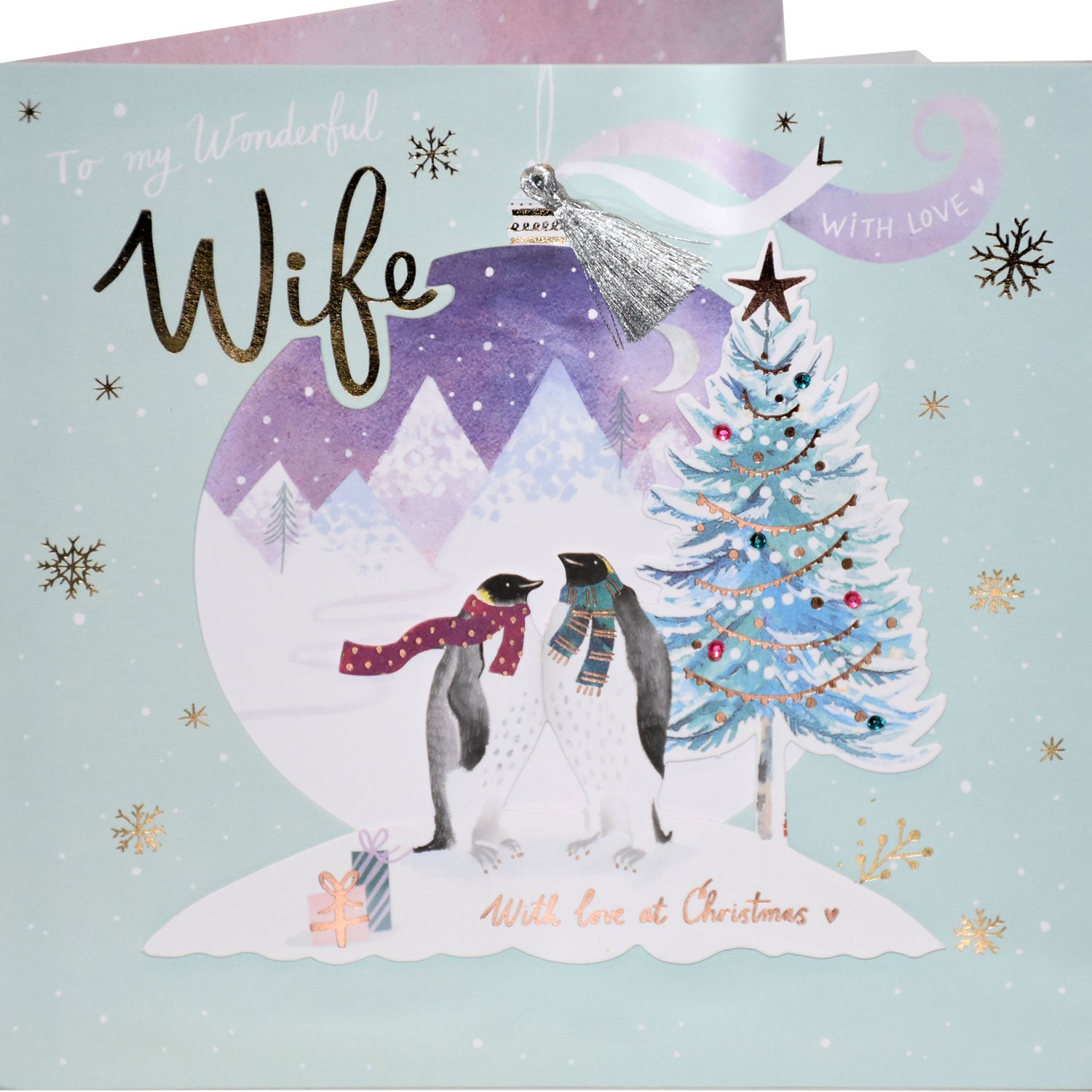 To My Wonderful Wife with Love at Christmas Penguins 3D Luxury Large Square Ling Design Christmas Card