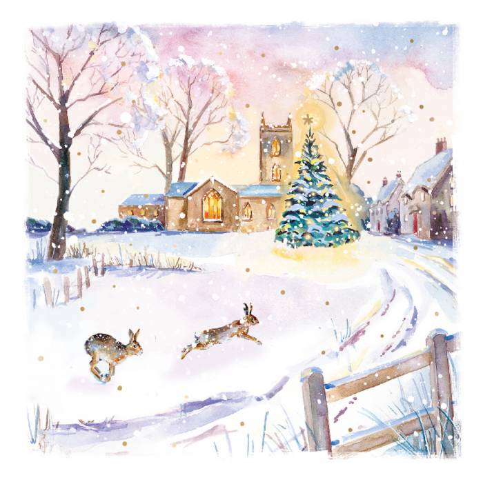 Winter Sunset Hares in Church Courtyard - Ling Design Scenic Painted Art Charity Christmas Cards - Pack of 6 Xmas Cards