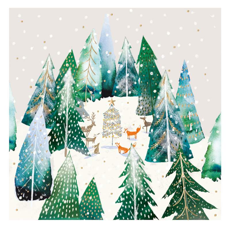 Winter Forest Animals Around the Festive Tree - Ling Design Contemporary Art Charity Christmas Cards - Pack of 6 Xmas Cards