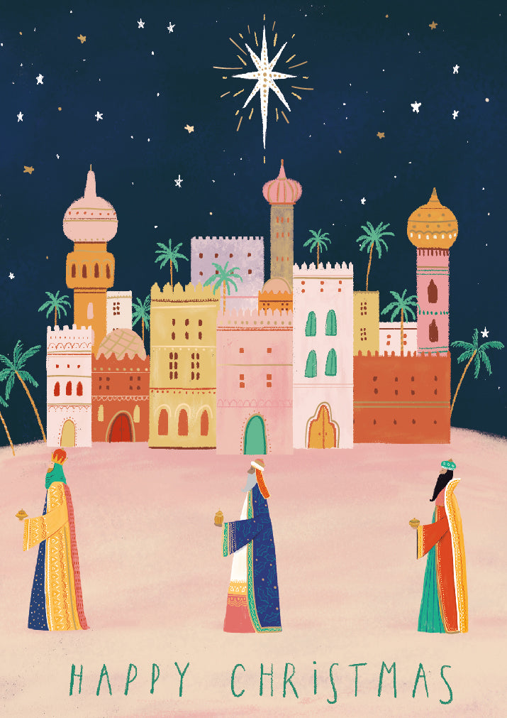 Arriving in Bethlehem Three Kings Yonder Star - Ling Design Religious Art - British Heart Foundation Charity Christmas Cards - Pack of 6 Xmas Cards