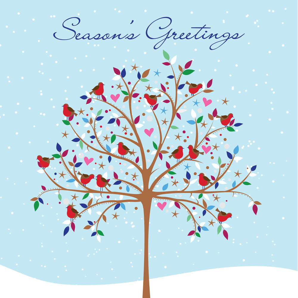 Seasons Greetings Flitter Robins in Tree Snow Single Large Luxury Christmas Card