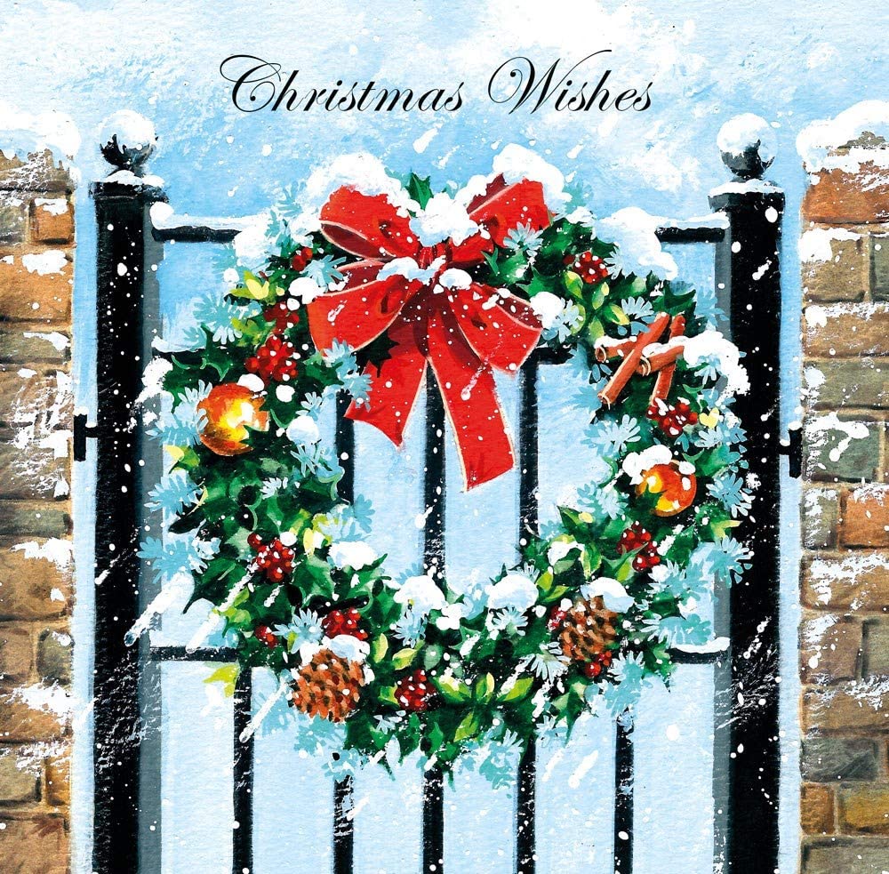 Christmas Wishes Wreath On Gate Glitter Finish Box 10 Cards