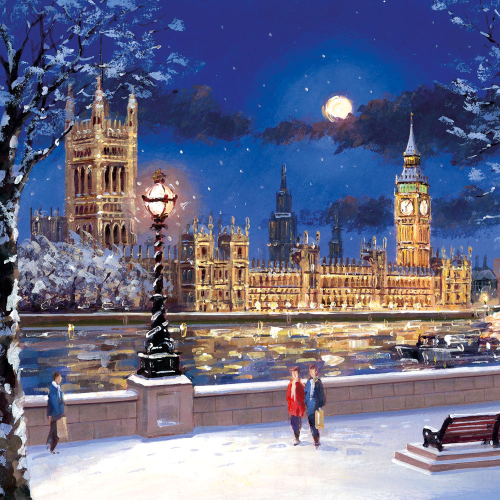 Palace of Westminster London Big Ben Embankment in snow Single Luxury Christmas Card