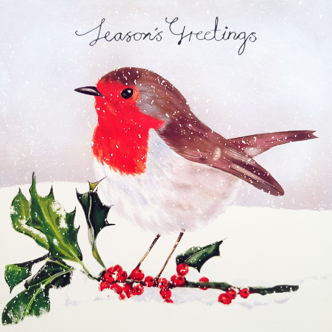 Robin In Snow With Holly Berries Art Single Charity Season's Greetings Single Card