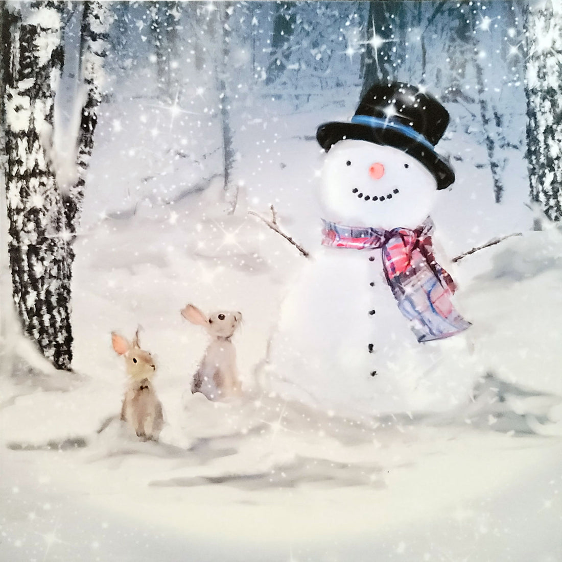 Happy Snowman and Bunny Rabbits Single Charity Christmas and New Year Greeting Card