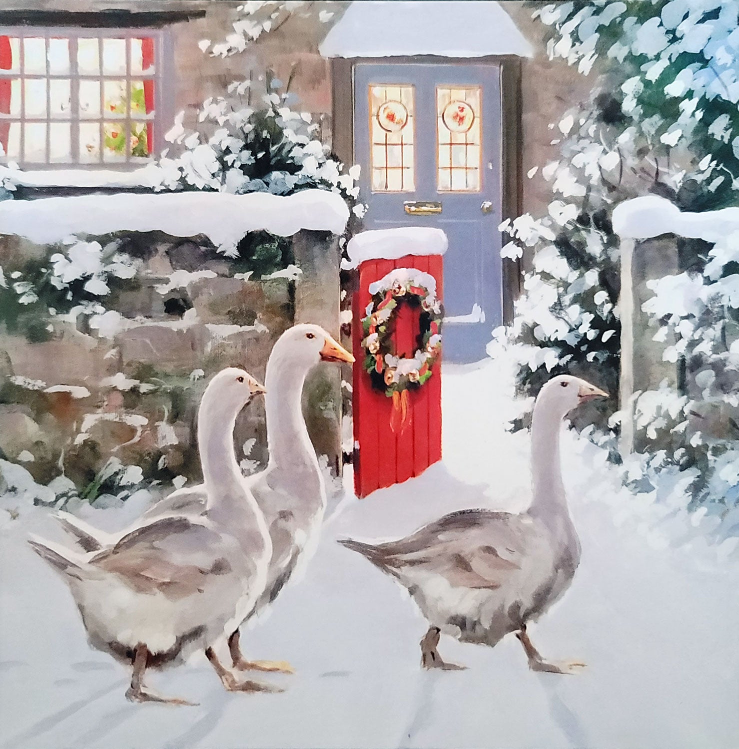 Three Geese Strolling in the Snow Art Single Charity Christmas and New Year Greeting Card