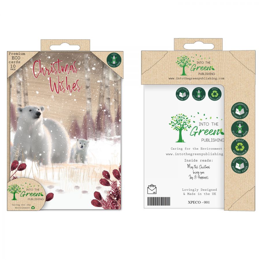 Into the Green Publishing 100% Plastic Free ECO Friendly Pack of 10 Xmas Christmas Cards with Envelopes (Polar Bear Family)