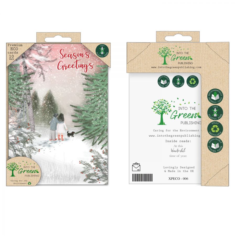 Into the Green Publishing 100% Plastic Free ECO Friendly Pack of 10 Xmas Christmas Cards with Envelopes (Walking the Dog)