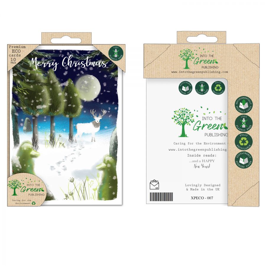 Into the Green Publishing 100% Plastic Free ECO Friendly Pack of 10 Xmas Christmas Cards with Envelopes (Reindeer in Moonlight)