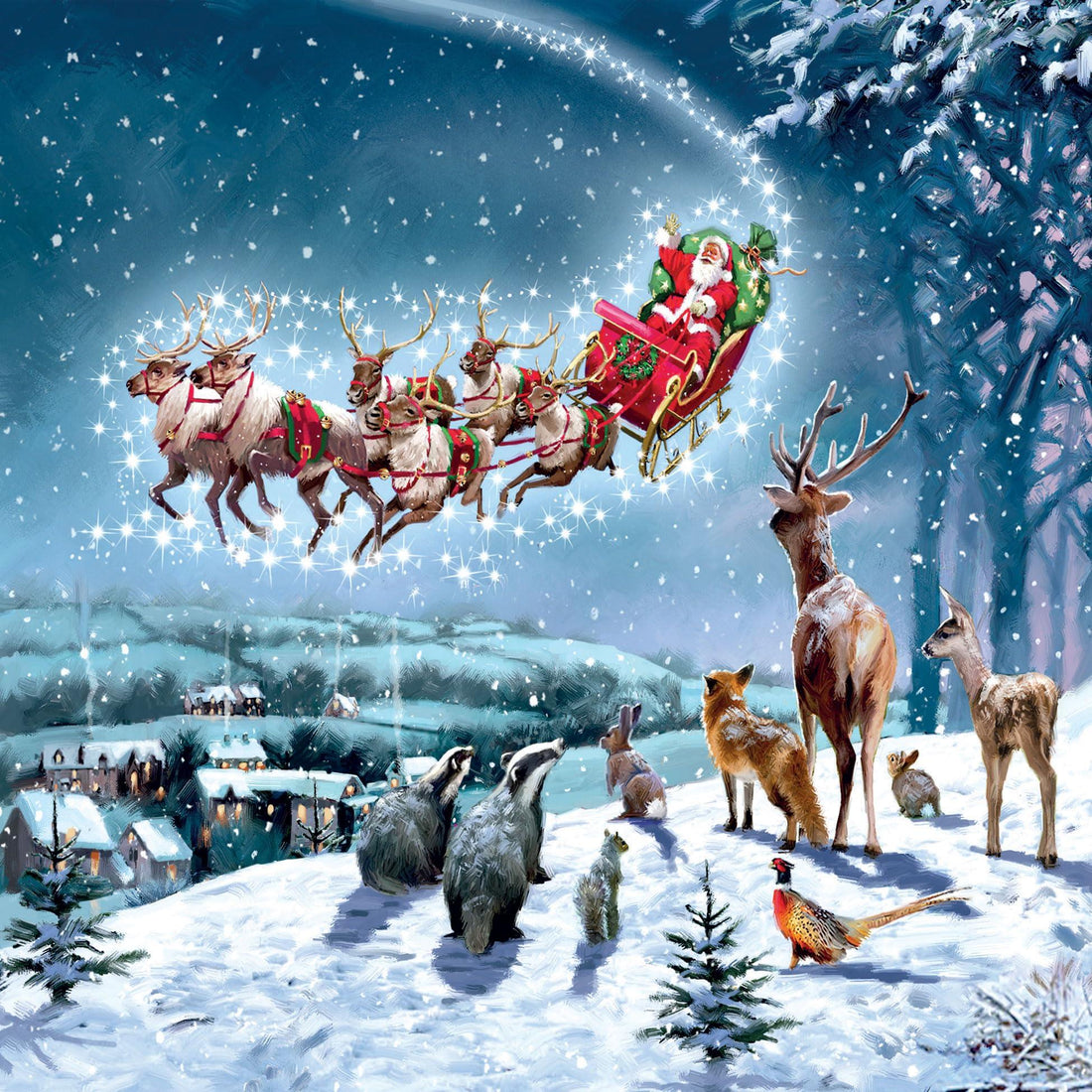 Magical Xmas Santa Sleigh & Reindeers Fly By Watched by Forest Friends - Pack of 5 Charity Christmas Cards - Sold in Aid of Marie