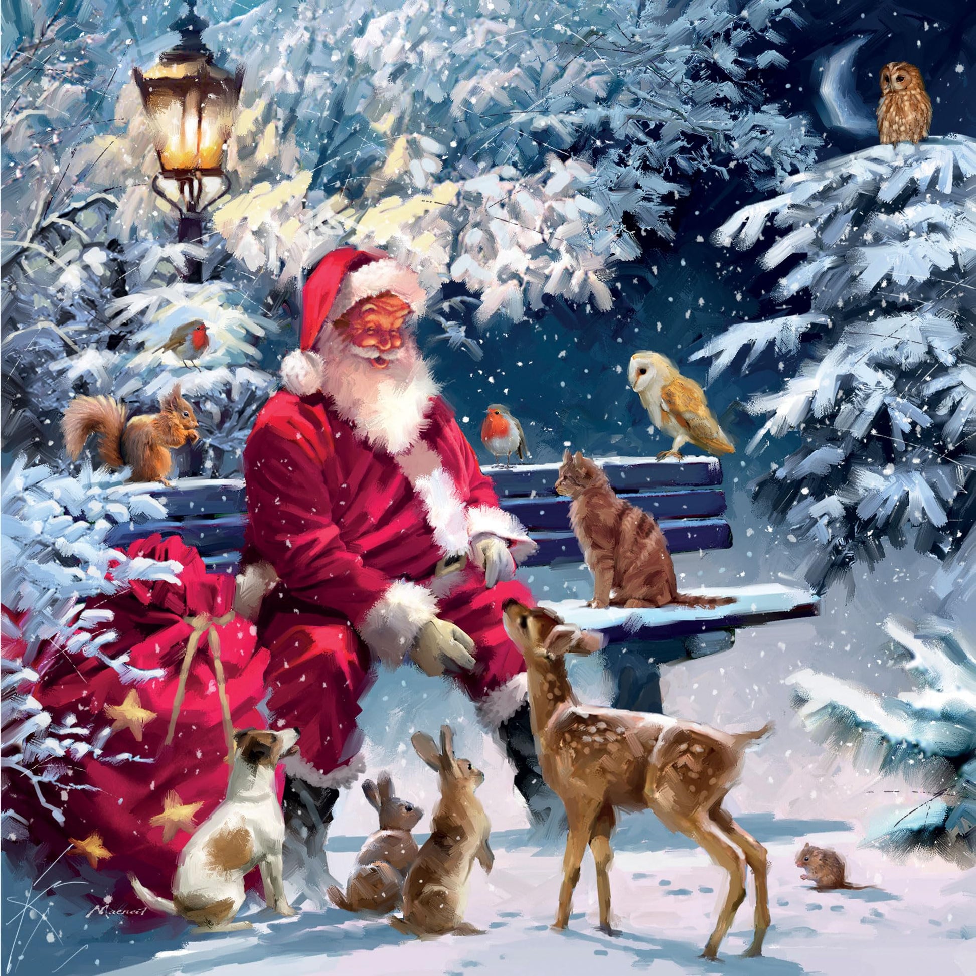 Magical Xmas Jolly Santa Feeding Forest Friends - Pack of 5 Charity Christmas Cards - Sold in Aid of Marie