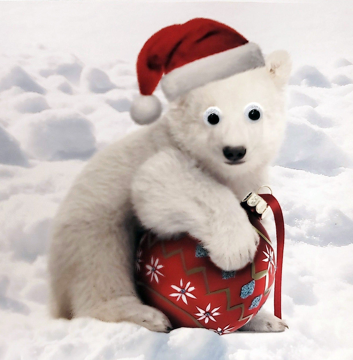 Polar Bear Cub & Xmas Bauble 3D Goggly Moving Eyes Single Christmas Card