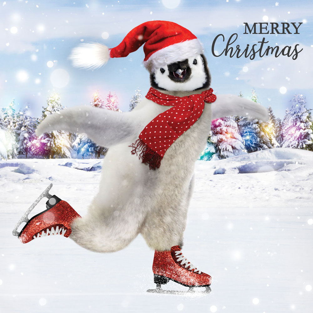 Skating Penguin in Santa Hat with Goggly Eyes Fun Single Charity Christmas Card