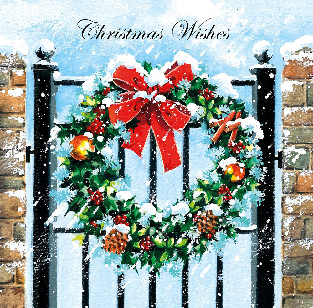Wreath on Gate Art Single Foil Emboss & Glitter Finish Xmas Christmas Card