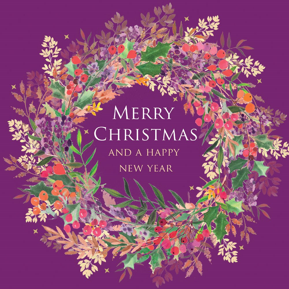 Purple Wreath Single Foil Emboss & Glitter Finish Xmas Christmas Card