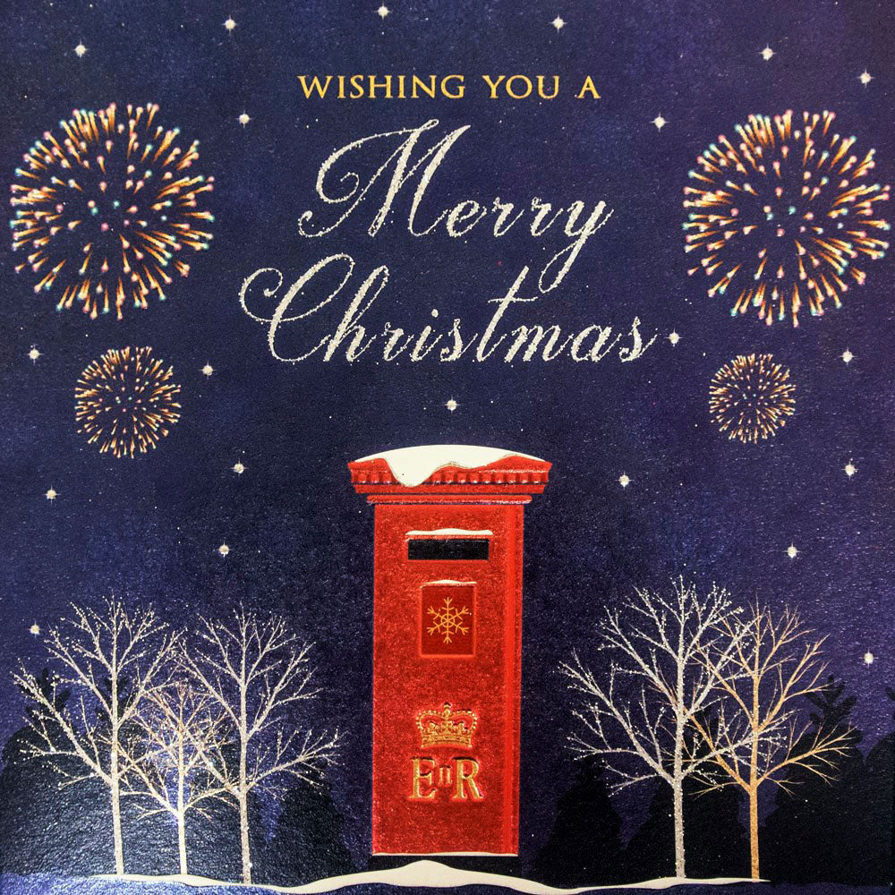 Red ER Post Box Mail and Fireworks Single Foil Emboss & Glitter Finish Xmas Christmas Card