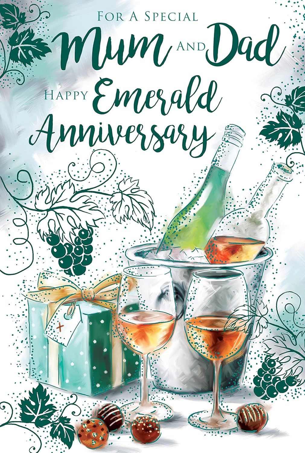 For A Special Mum and Dad on Your Emerald Anniversary 55th Wine Chocolate Gifts Green Foil Art Greeting Card