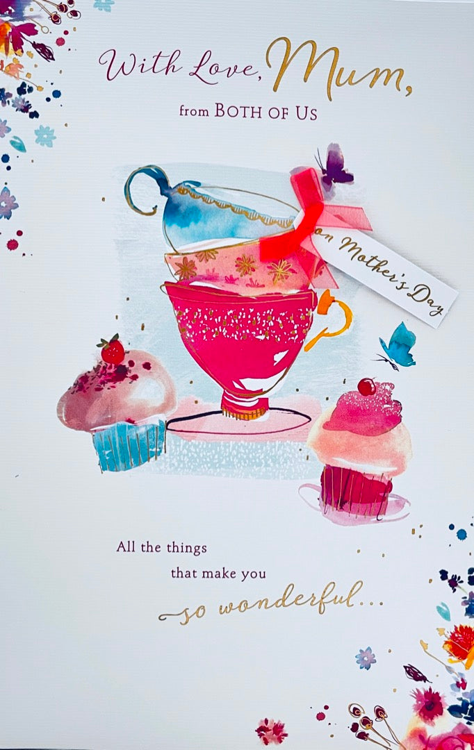 With Love Mum From Both of Us Mothers Day Greeting Card Tea Cups & Cakes Luxury Foil Finish By UKG