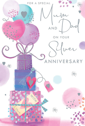 For A Special Mum and Dad on Your Silver Anniversary Luxury Presents Pink and Silver Foil 25th Anniversary Greeting Card by Kingfisher