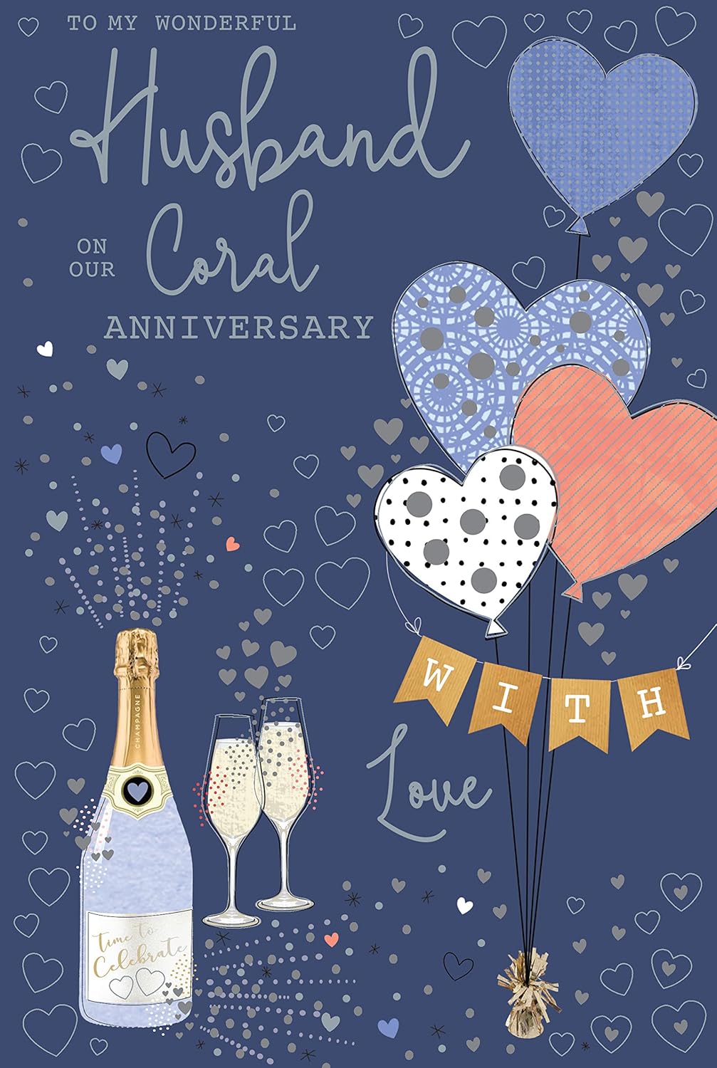 My Wonderful Husband on Our Coral Anniversary 35th Love Balloons Champagne Silver Foil Art Greeting Card