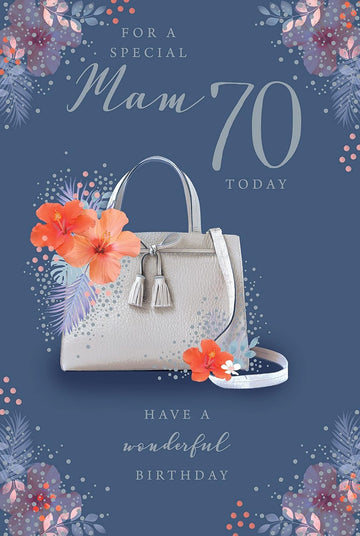 To A Special Mam 70 Today 70th Birthday Hibiscus Flowers Handbag Silver Foil Greeting Card